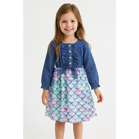 Girl's Long Sleeve Denim & Mermaid Scale Dress – Approx Size 5/6 – NWOT - Picture 1 of 10